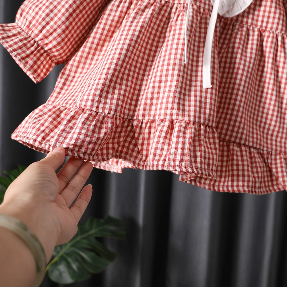 Платье детское клетчатое с оборками мягкая хлопковая одежда воротником-стойкой