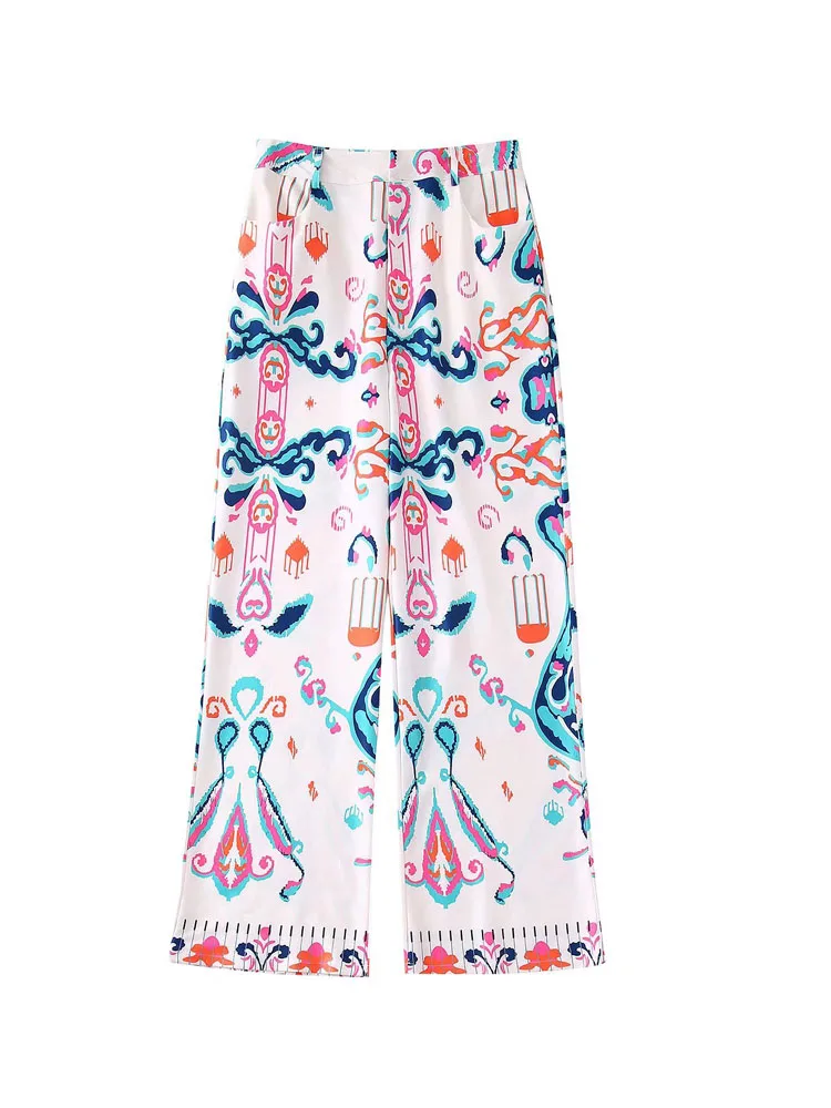 

2022 Summer Women Straight Pants Vintage Print Button Zipper Female Elegant Street Pant Trousers Clothing
