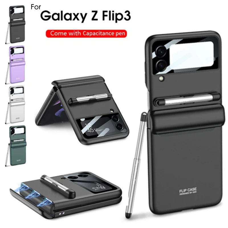 

Flip 3 Case With Capacitance Pen for Samsung Galaxy Z Flip 3 Flip3 5G Case Magnetic Hinge Pen Slot Camera Lens Protector Cover