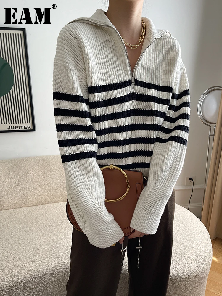 

[EAM] Striped Big Size Knitting Sweater Loose Fit Lapel Long Sleeve Women Pullovers New Fashion Tide Autumn Winter 2022 1DF1890
