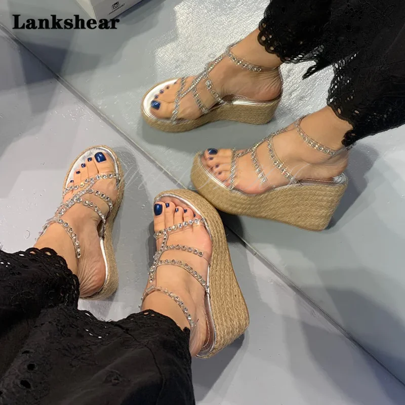 

Женские эспадрильи на платформе, сандалии на высоком каблуке, с кристаллами, ПВХ, с пряжкой, с круглым носком, выразительная повседневная обувь с бусинами