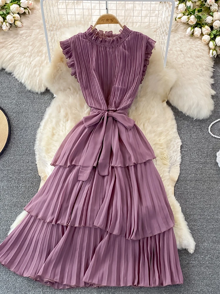 

Summer Women Purple/Pink/Green Draped Dress Vintage Ruffle Stand Collar Sleeveless High Waist Party Pleated Vestidos Female New