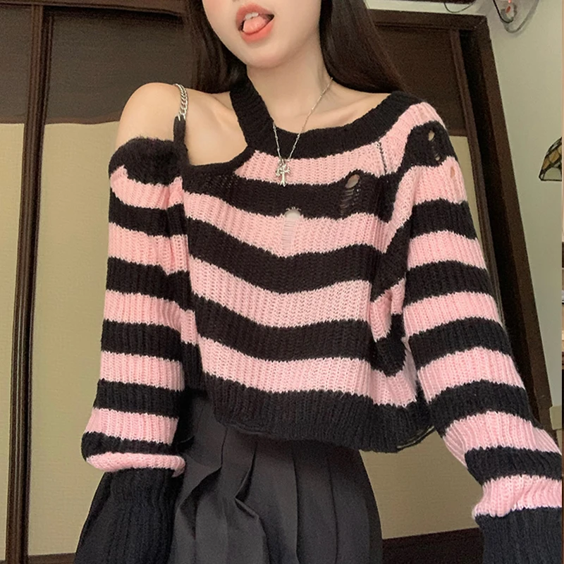 

Y2k Girl Hollow Off Shoulder Chain Pullover Sweater Female Sweet Pink Striped Short Length Sweaters 2022 Autumn Knitted Crop Top