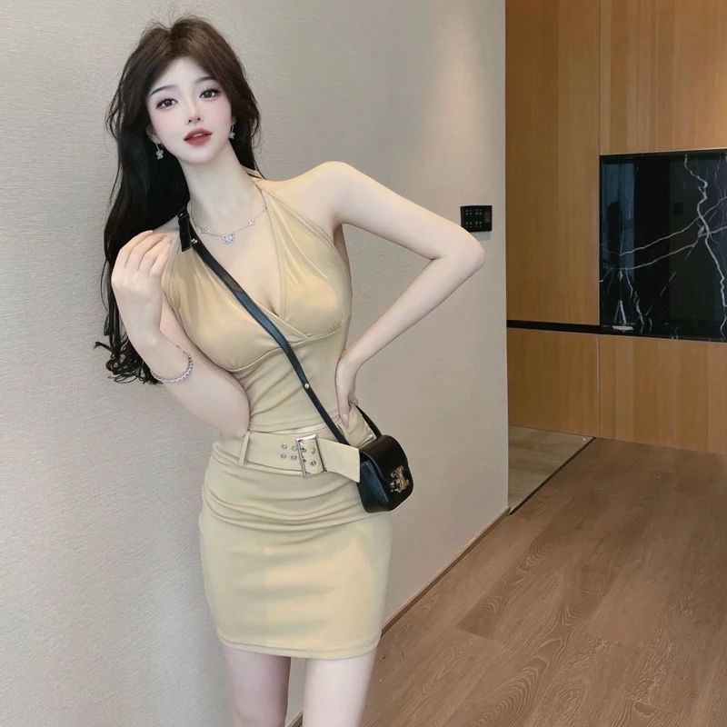 

Европейский Американский популярный женский топ с лямкой на шее и юбкой с высокой талией, модная женская одежда из двух предметов