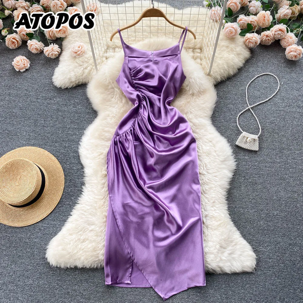 

Atopos Women Satin Party Evening Dress Summer Backless Sling Dresses Irregular Sundress Robe Beach Vestidos Female Clothing 2022
