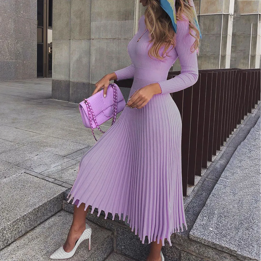 

Long Sleeve Dress Women 2022 Autumn and Winter New Fashion Temperament Women's Mid-length Knitted Solid Color Pleated Dress