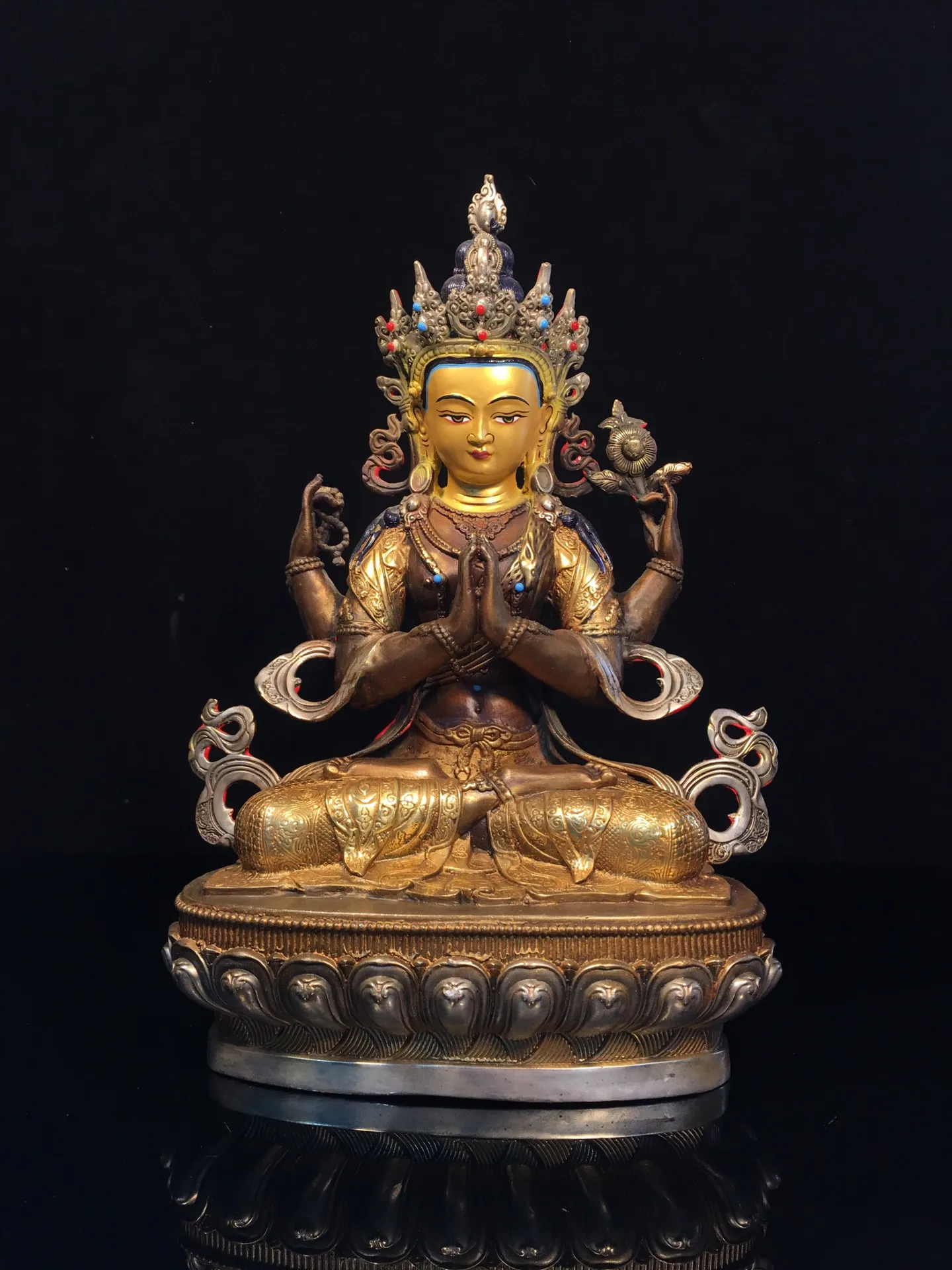 

12"Tibet Temple Collection Old Bronze Gilded Face Painted Four Arm Guanyin Lotus Stage Sitting Buddha Worship Hall Town house
