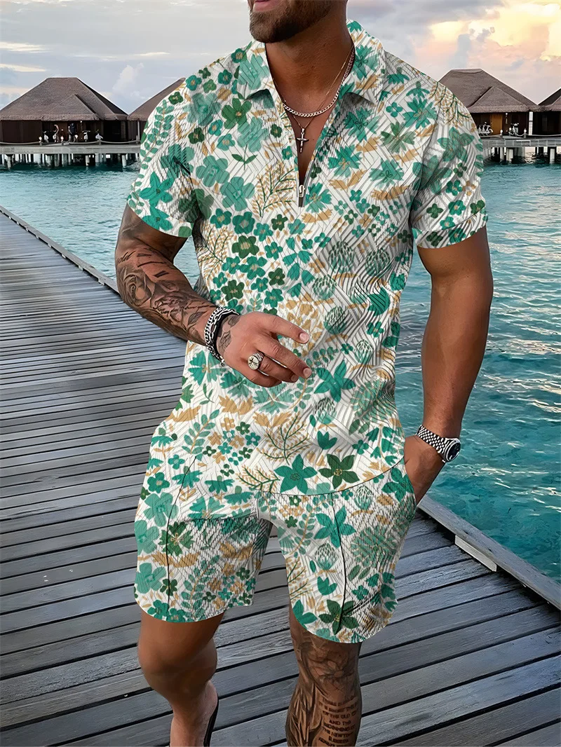 2023 Men's Short Sleeve Shorts Set Flower 3d Print Fashion Lapel Zipper Loose POLO Short Sleeve Two-piece Size S-3XL