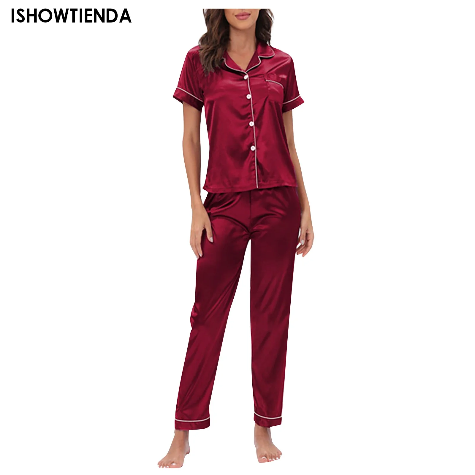 

Пижамный комплект женский из двух предметов, комплект из топа с отложным воротником, штаны с коротким рукавом, милая дышащая атласная Повседневная Домашняя одежда с принтом