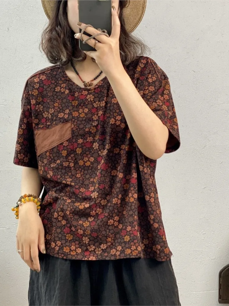 

Womens Blouse Printed Literary Floral Short Sleeve Cotton T-shirt 2022 Summer New Female O-neck Loose Casual Ladies Top