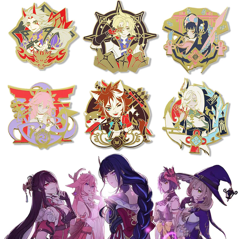 

Металлическая брошь Genshin Impact значок аниме Arataki Прокат Shenhe Gorou Albedo Yae Miko YunJin Badge Cos подарок