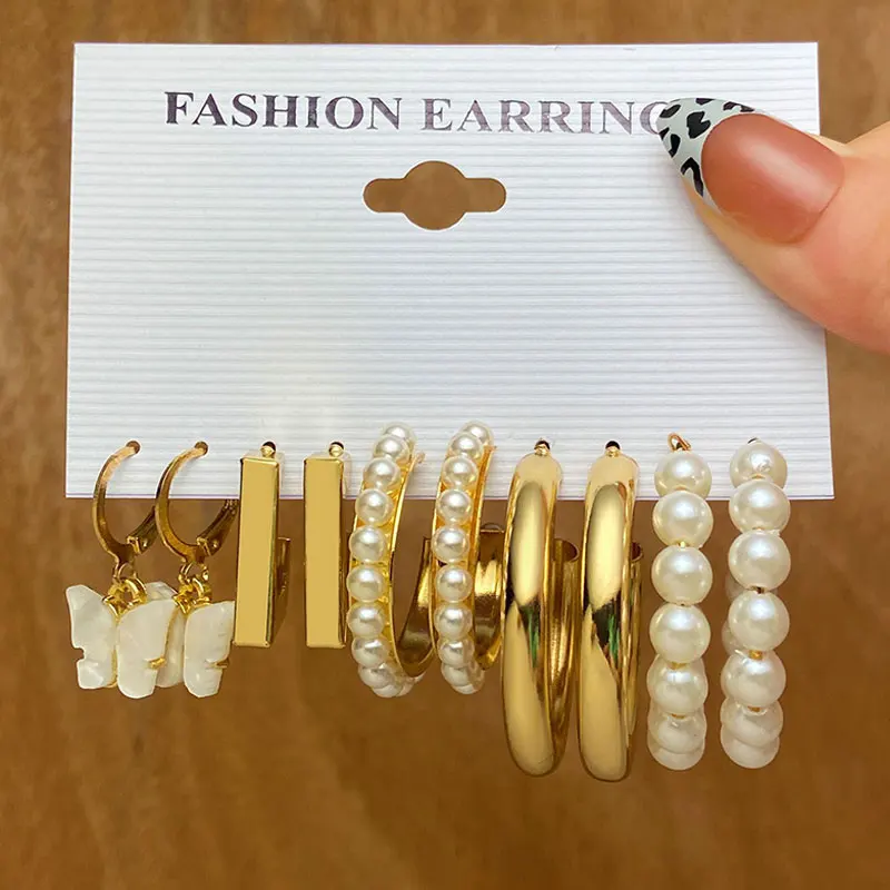 

New Heart Pearl Twist Hoop Earrings Set for Women Girls Silver Gold Color Vintage Metal Geometric Earrings Trendy Jewerly Gifts