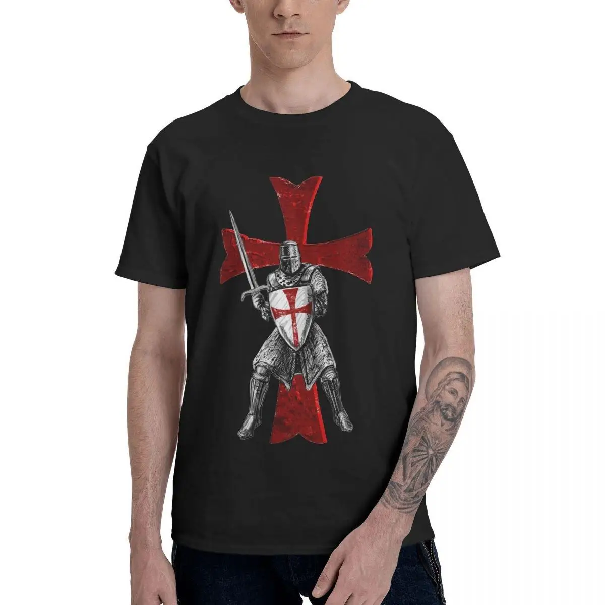 

Knights Templar Holding A Sword And A Shield Men's T Shirts Hipster Tee Shirt Short Sleeve T-Shirts Cotton Gift Idea Tops