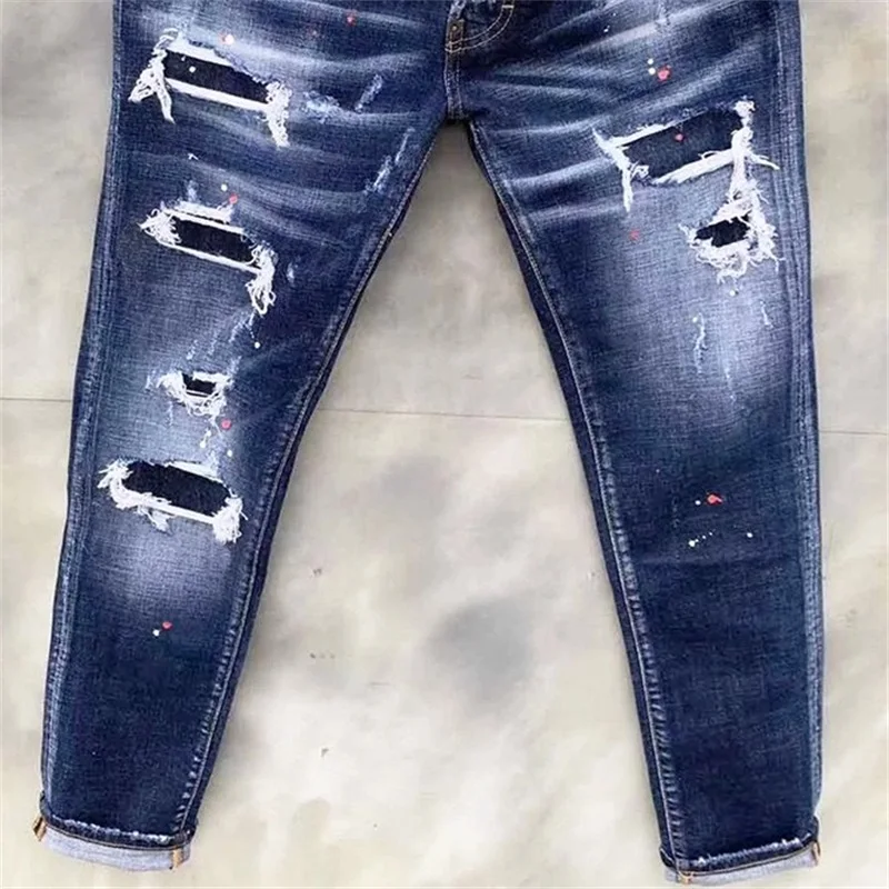 EH·MD® Scratched Holes Embroidered Jeans Men's High Elastic Slim Fit Small Feet Inner Zipper Large Leather Label Splash Dot New