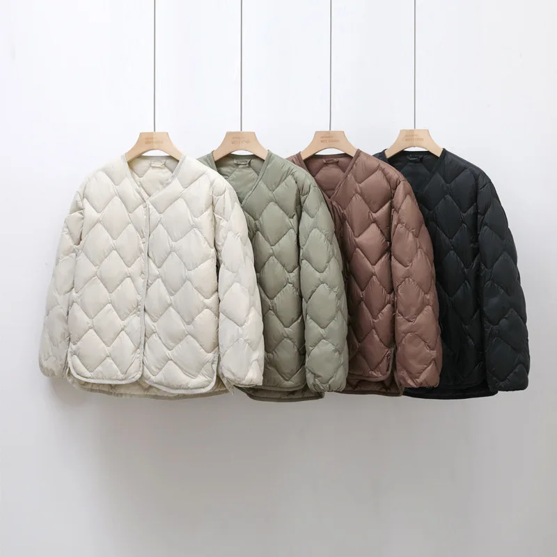 Легкий пуховик в ромбовидной клетку женский с v-образным вырезом новая мода