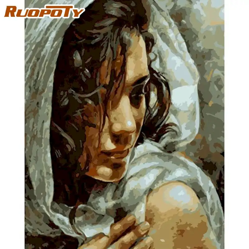 

RUOPOTY White Hat Woman Figure Oil Paint By Numbers For Adults Handmade 60x75cm Framed Home Living Room Decor Art Picture
