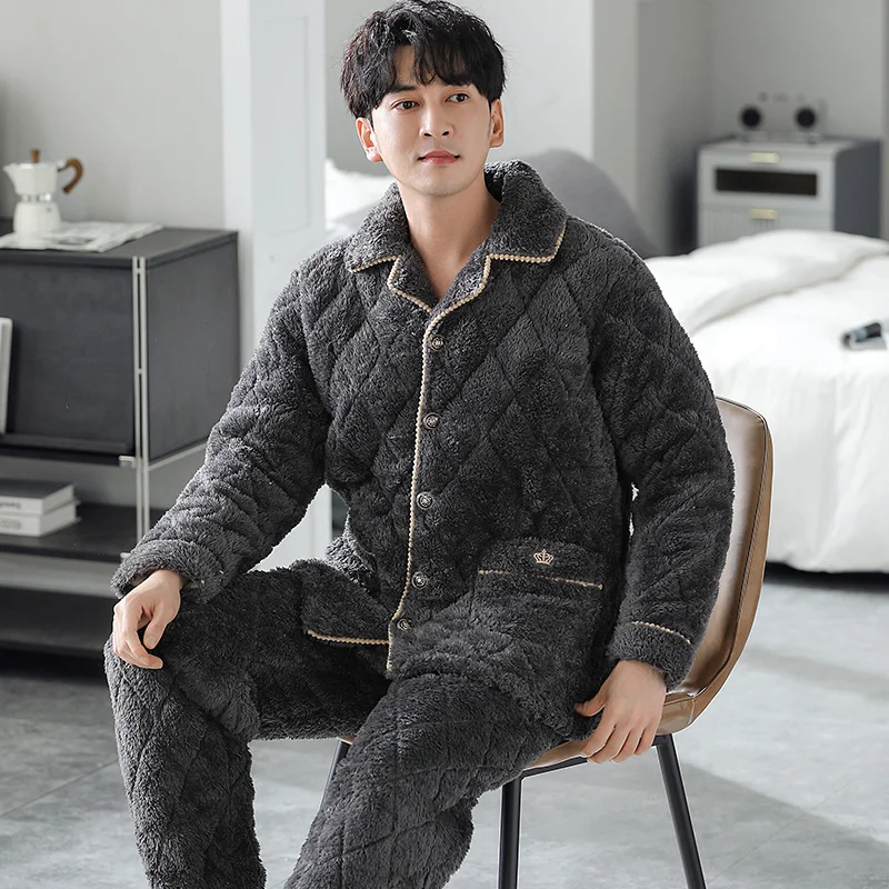 QUHENG Flannel Sleepwear New Men's Thicken Warm Winter Fleece Pajamas Set Nightgown Long Sleeve Button  Pijamas Home Clothes