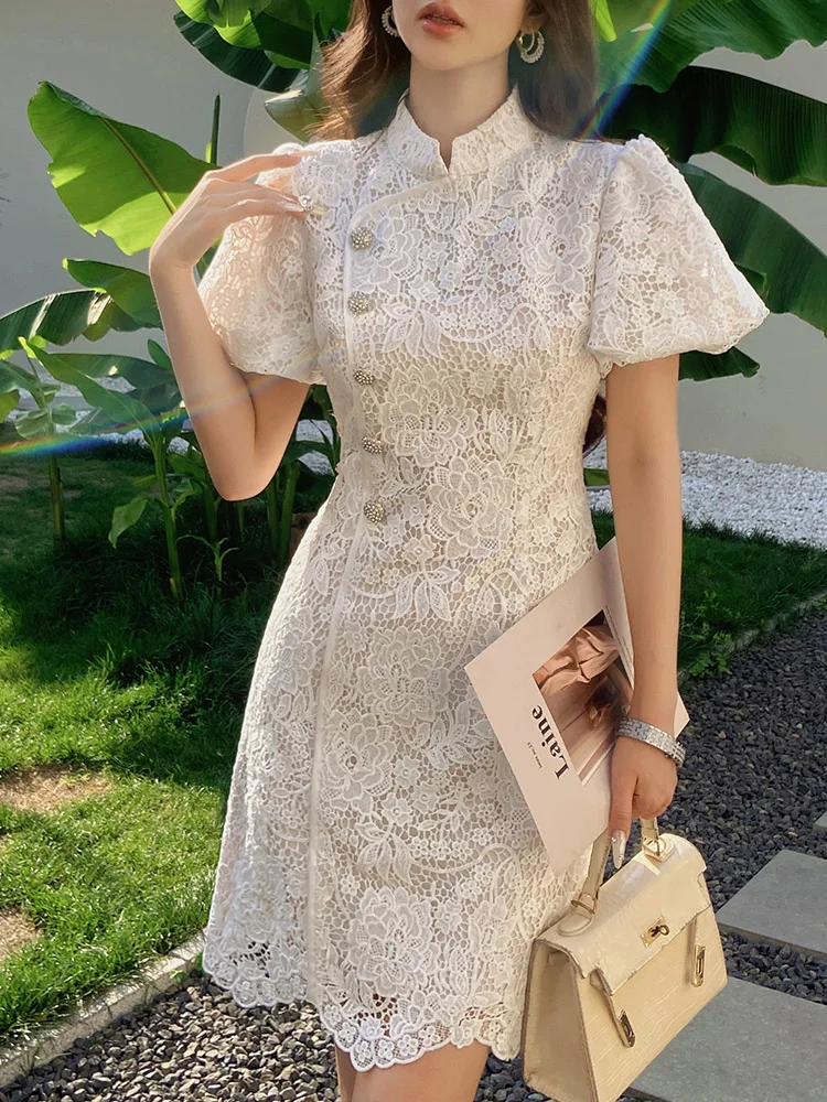 DABUWAWA Tienda Vestidos Elegantes Para Women Lace Dress For Chinese StyleHook Flower Hollow Skirt Y2K DA1BDR087