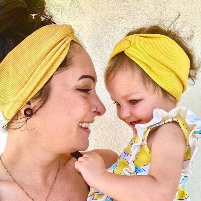 

2 Pcs/set Mother & Daughter Baby Girl Bow Headband Mom Kids Solid Color Head Band Hair Accessories Parent-Child Family Headwear