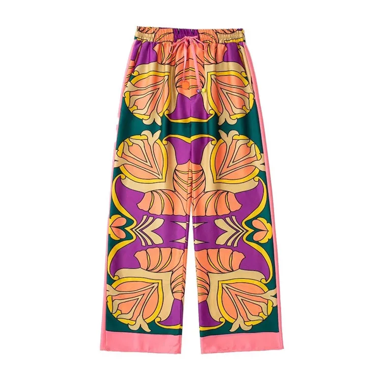 Loose Satin Sleepwear for Women Fashion Print Vintage Pajamas Set 2 Pcs Long Sleeve Pants Female Homewear Chic Summer Suit