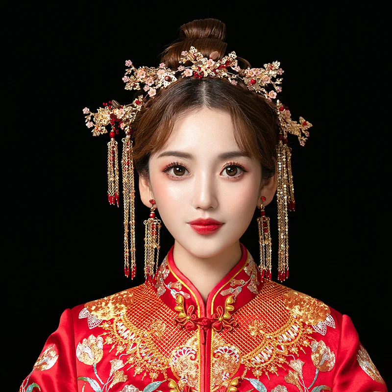 

Vintage Chinese Style Bride Wedding Crown Tiara Xiuhe Hair Accessories Crowns for Women Wedding Queen Princess Headband Hair Pin