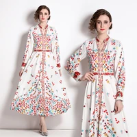 2022 womens summer new high end temperament v neck long sleeve retro ethnic style printed lantern sleeve big swing dress