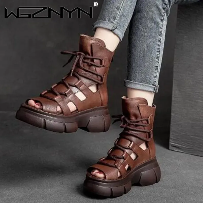 NEW Genuine PU Leather Sandals for Women with New Summer Hollowed-out Roman Sandals Sponge Cake Thick-soled Fish Mouth Cool Boot
