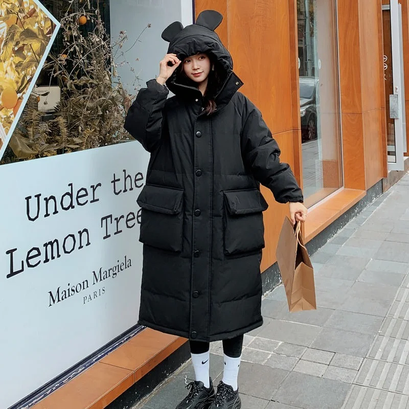 Female Students Sweet Korean Mid-length Thick Cotton-padded Jacket Kawaii College Style Cute Rabbit Ears Cotton-padded Jacket
