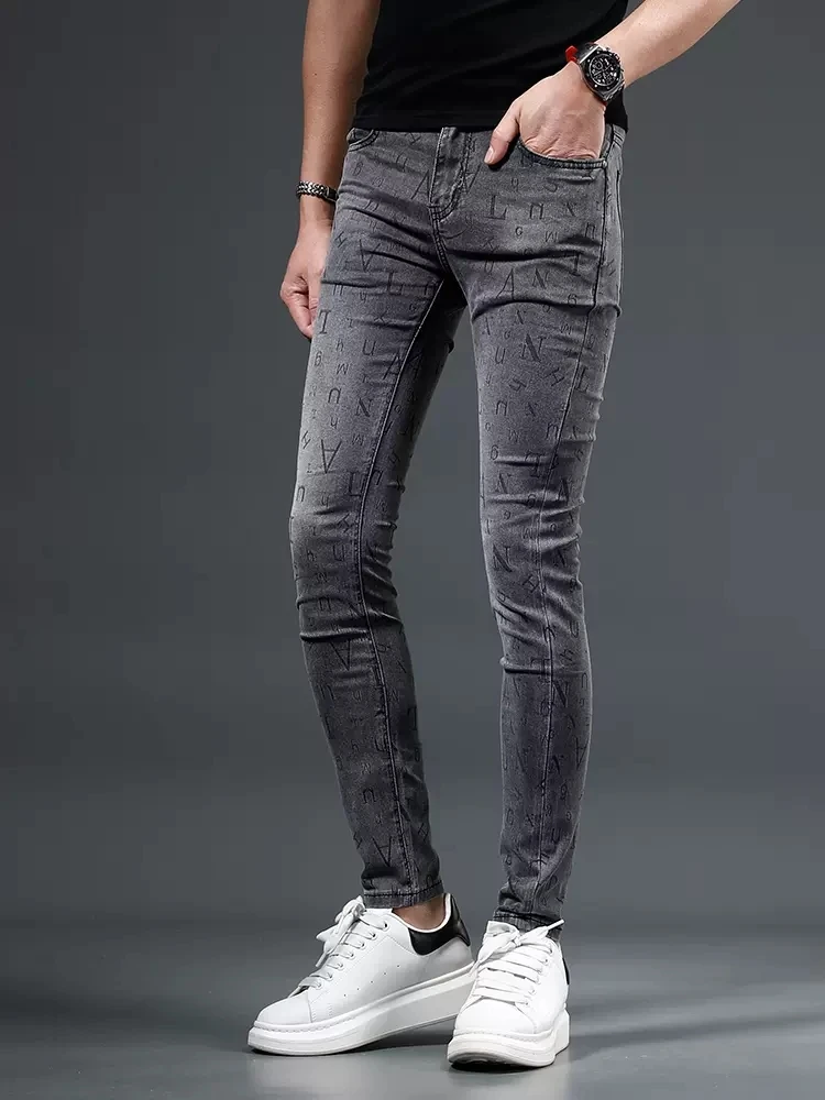 Summer Slim Fit Men's Jeans Fashion Letter Printed Gray Denim Pants CP2266