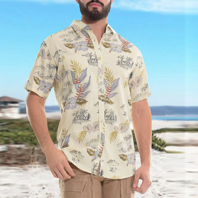 Men Shirt Beach Vacation Summer Print Loose Cardigan Shirt Men's Casual Turn-down Collar Short Sleeve Single-Breasted Shirt Top