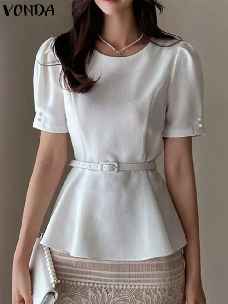

Женская блузка VONDA с коротким рукавом, летние топы с поясом 2023, модные повседневные однотонные элегантные офисные Блузы