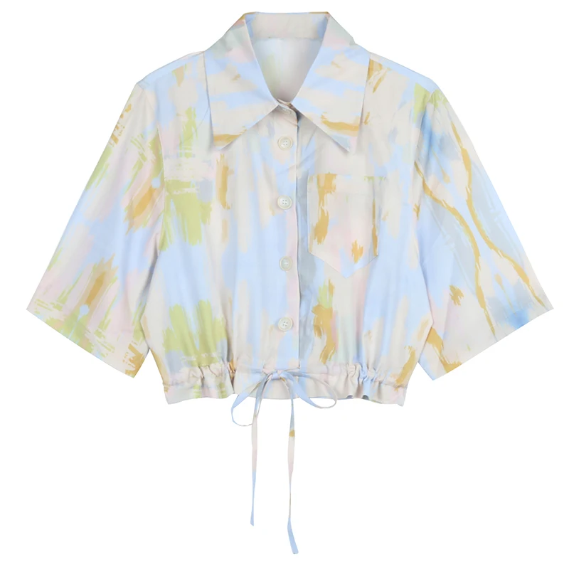 

Hong Kong Style Salt Vintage Tie Dyed Shirt Women's 2022 Summer Short Sleeved Slim Fashionable Waistband Top