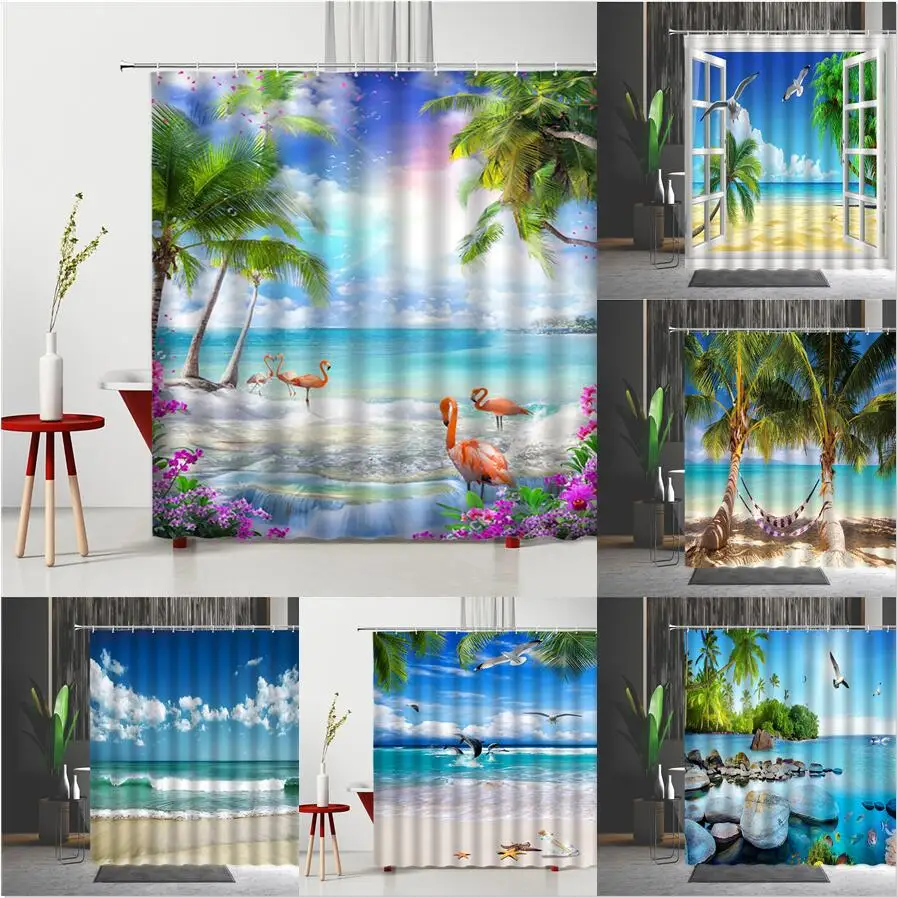 

Тропический пляжный занавес для душа, Сказочная штора в ванную комнату с рисунком сказочного морского цветка, кокосового дерева, фламинго, ...