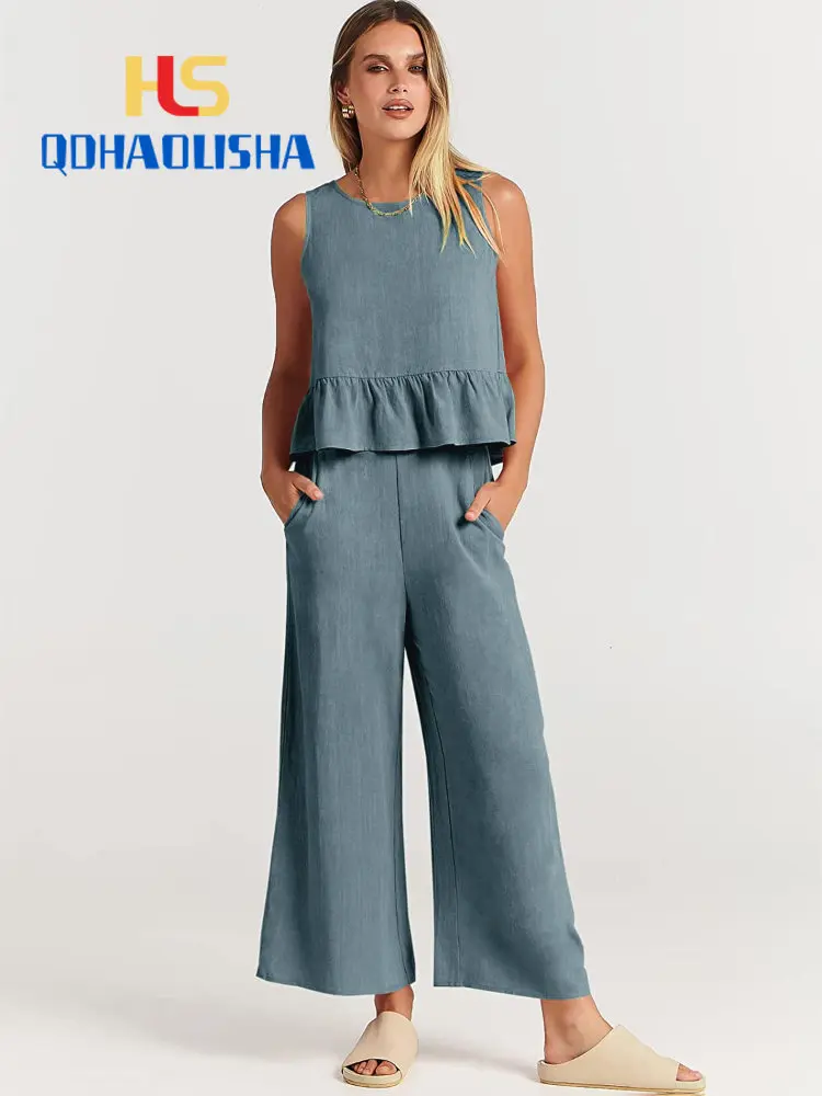 

Womens Vest Pants Suit 2023 Summer New Wide-leg Pants Casual Suit Women Sleeveless Pleated Vest 2 Piece Sets Womens Outfits