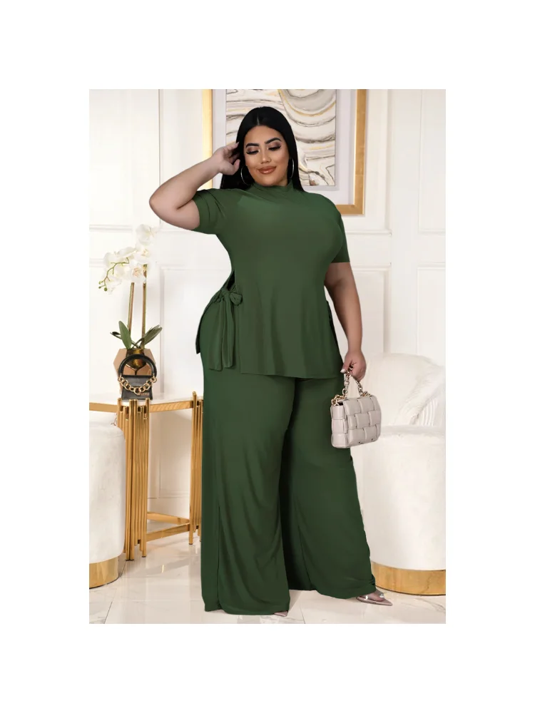 Plus Size Matching Set Plus Size Women's Clothing Set of Two Pieces Winter Woman 2022 Solid O-Neck Elastic Waist Lace Up Slim