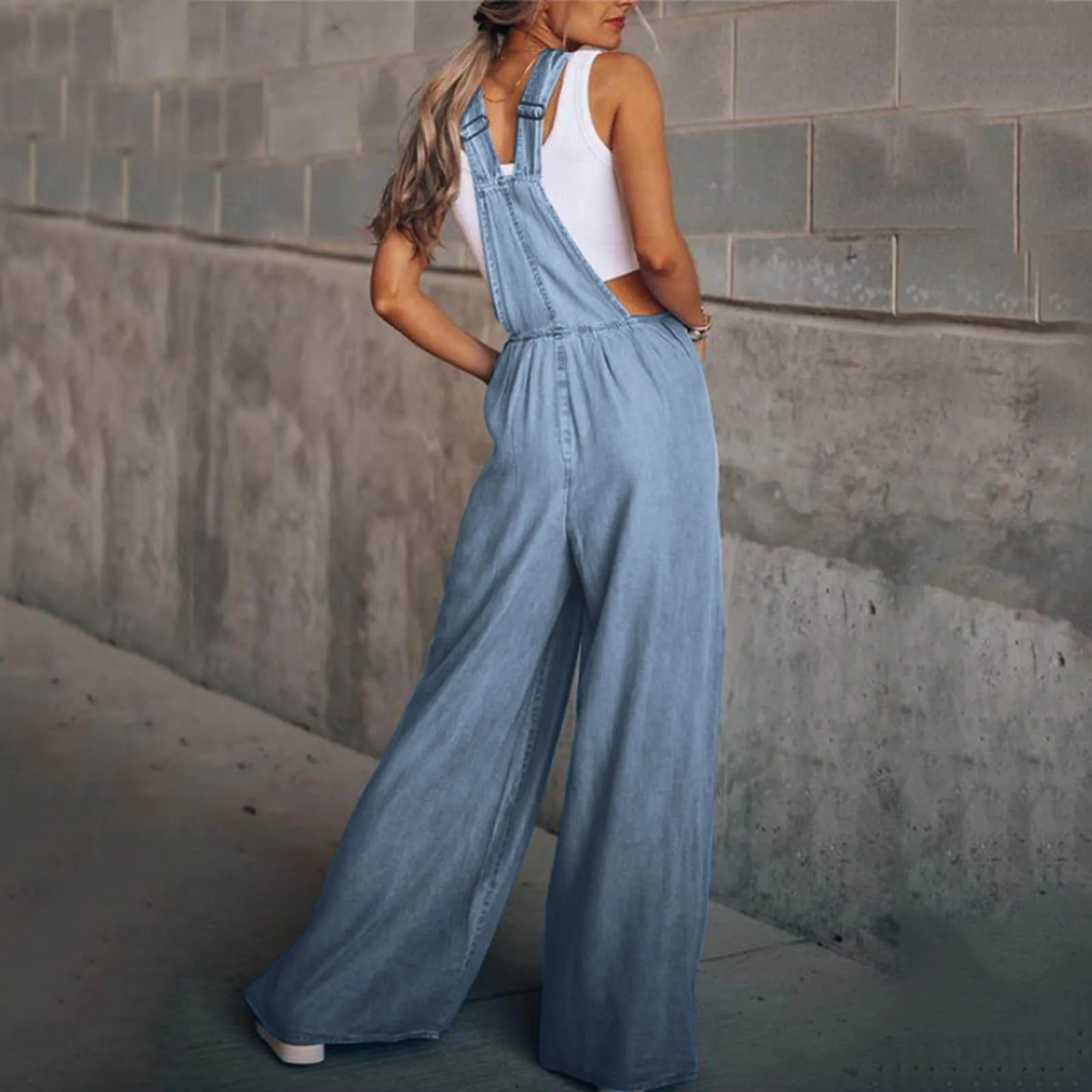 

Womens Vintage Daily Casual Sleeveless Pocket Washed Denim Bib Jeans Overalls Casual Denim Jumpsuits Wide Leg Combinaison Femme