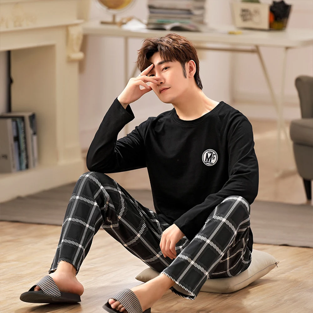 Autumn Winter Men Pajamas Set Cotton Print Sleepwear Night Suit Casual Long Sleeve Plaid Pants Pyjamas Plus Size Homewear 4XL