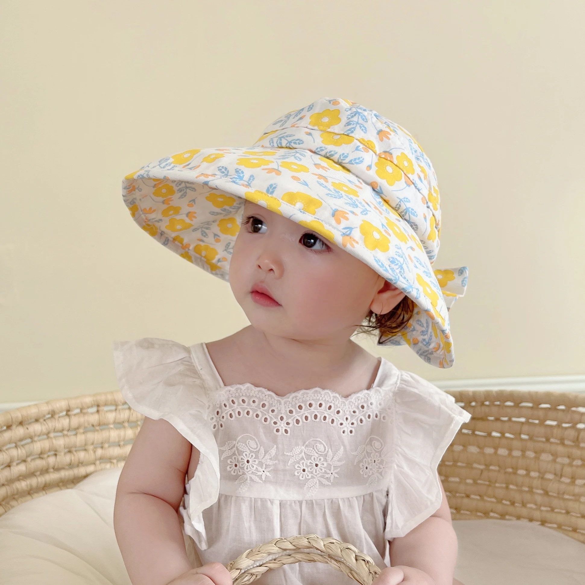

2022 New Summer Children Empty Top Hat Flower Print Princess Girls Large Brim UV Protection Fisherman Cap Baby Sun Caps For 1-6Y