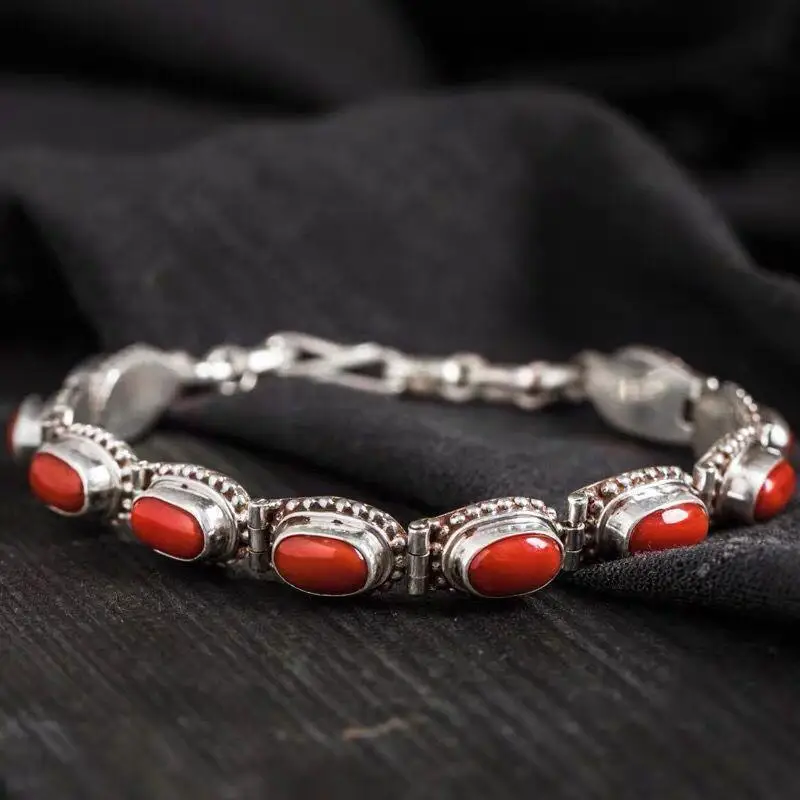 

India Nepal Handmade S925 Silver Jewelry Bracelet Bracelet Female Tibetan Creative Retro National Style