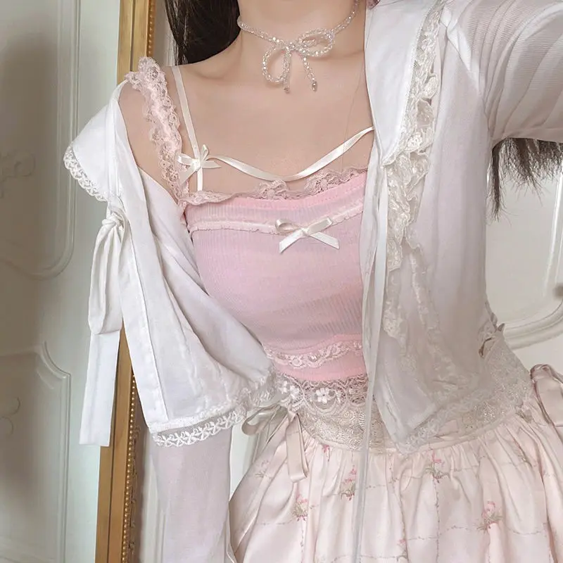 

2021 summer new young girl secret lovely pure desire wind design feeling bow lace inner take halter vest woman