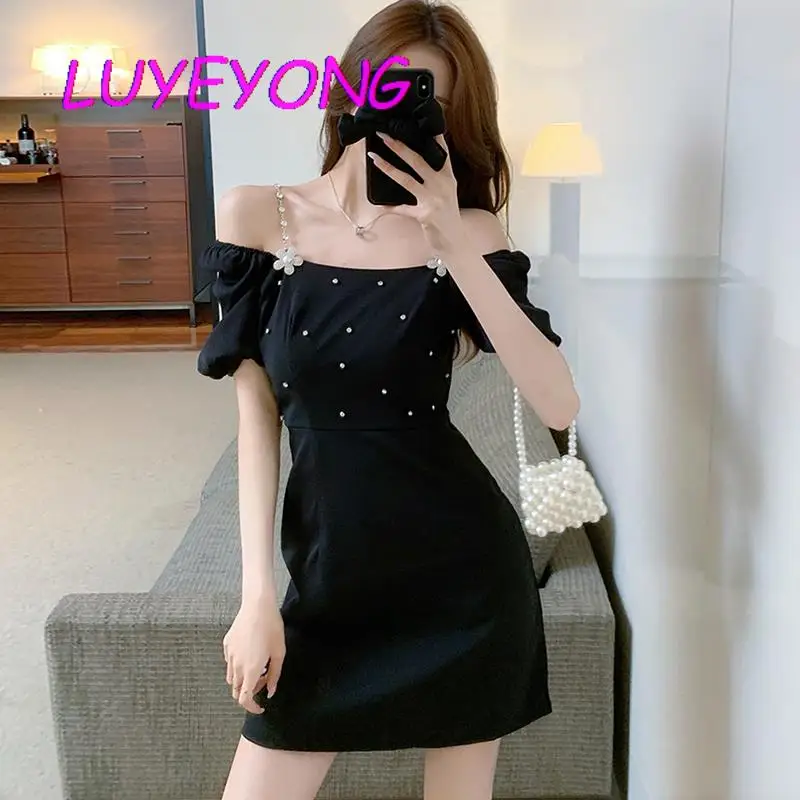 

High Waist Crystle Floral Women Elegant Dresses Starp MiniBlack Slash Neck Lady Party Dress Summer Korean Fashion Slim Clothes