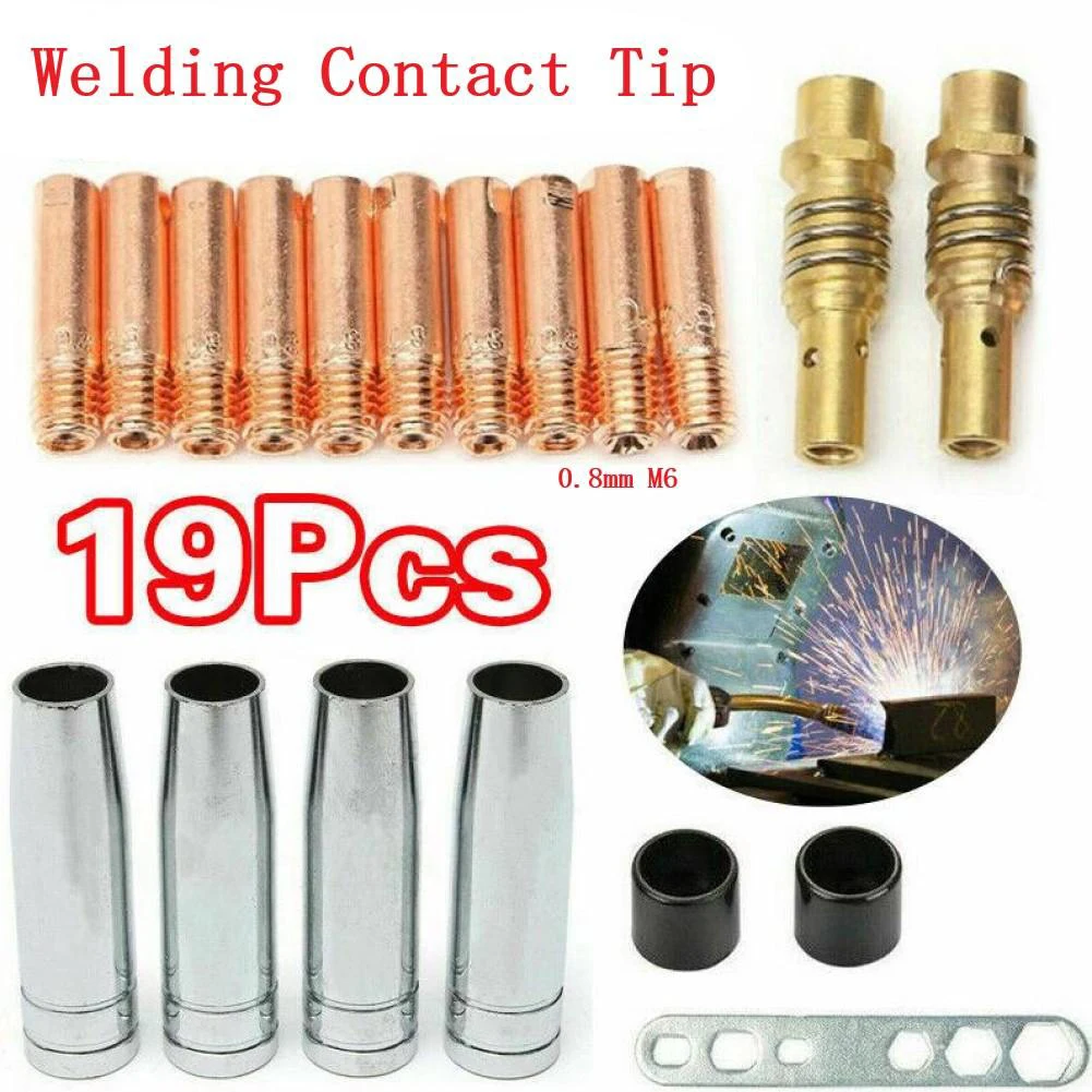 

19 Pcs Tip Gas Nozzle MIG Welding Nozzle Shroud Contact Tips 0.8mm M6 Tip Holder Kit Contact Tip Gas Nozzle Welding Tool