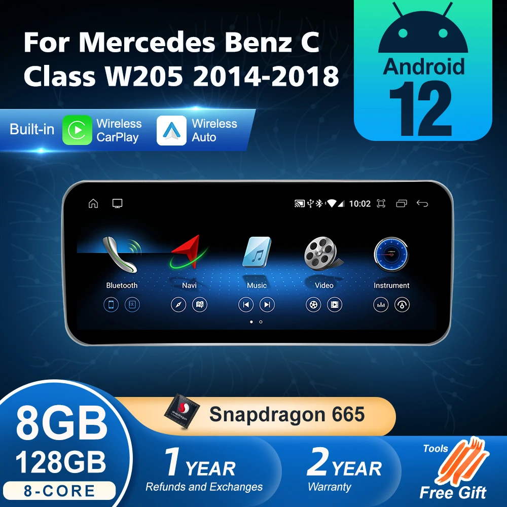 

Android 12 Wireless CarPlay For Mercedes Benz C Class W205 2014-2018 Car Multimedia Navigation GPS SWC DSP 4G WiFi Netflix