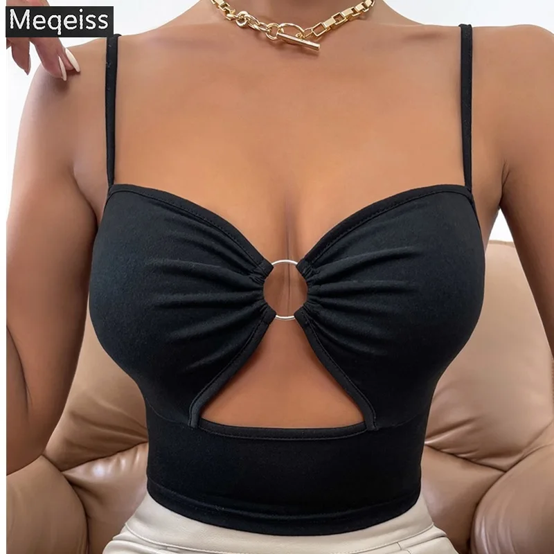 

Meqeiss Black Solid Cut Out Crop Top Female Slim Sexy Rave Party Clubwear Cross Choker Summer Tops For Women Casual Sweats Tees