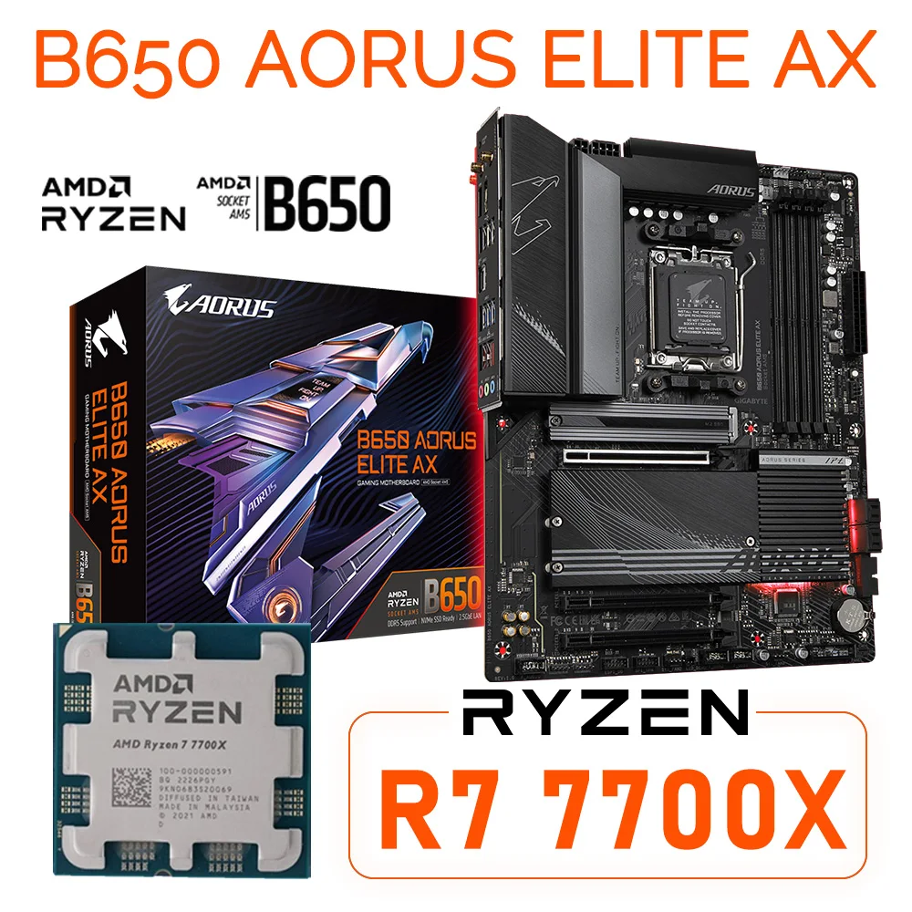 

AM5 Motherboard B650 AORUS ELITE AX AM5 DDR5 + AMD Ryzen 7 7700X Processor AM5 CPU Desktop amd b560 Mainboard Support R7 7700X