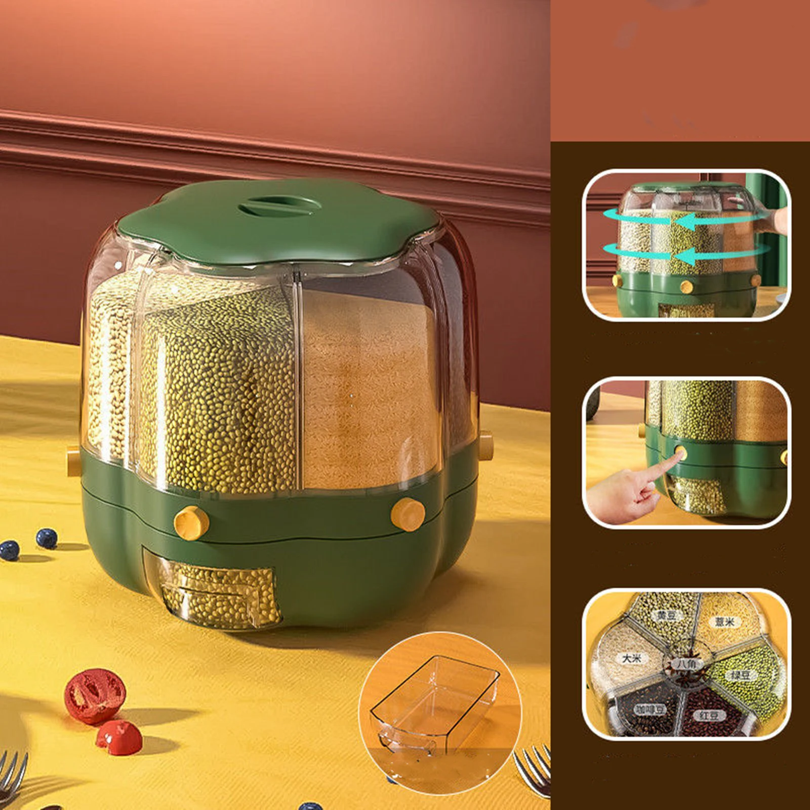 

6-Grid Round Rice Dispenser Rotating Rice Storage Container Dry Food Storage Box Large Food Dispenser Rice Bucket Kitchen Tools