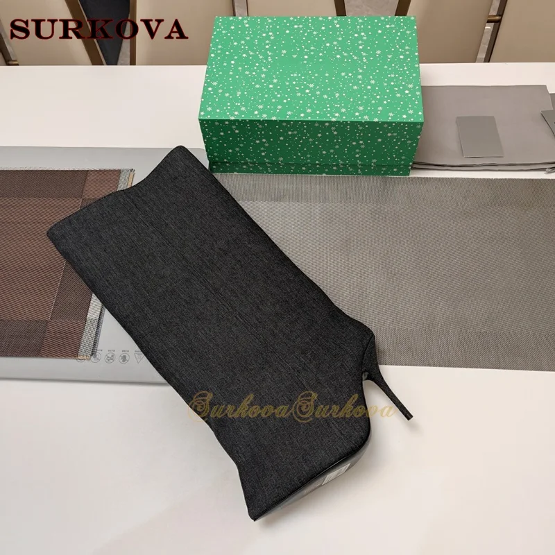 Джинсовые свободные сапоги до колена прямые роскошные модные на шпильке с острым