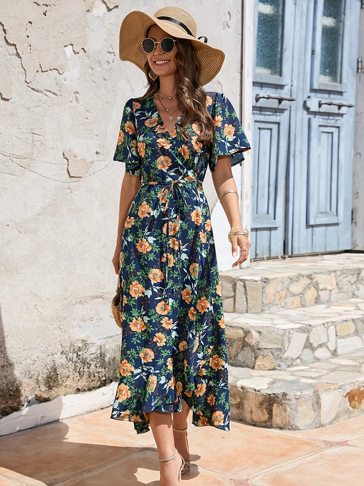 

Женское длинное платье макси с цветочным принтом, Элегантное повседневное модное офисное платье с V-образным вырезом и оборками, асимметричное платье с коротким рукавом, лето