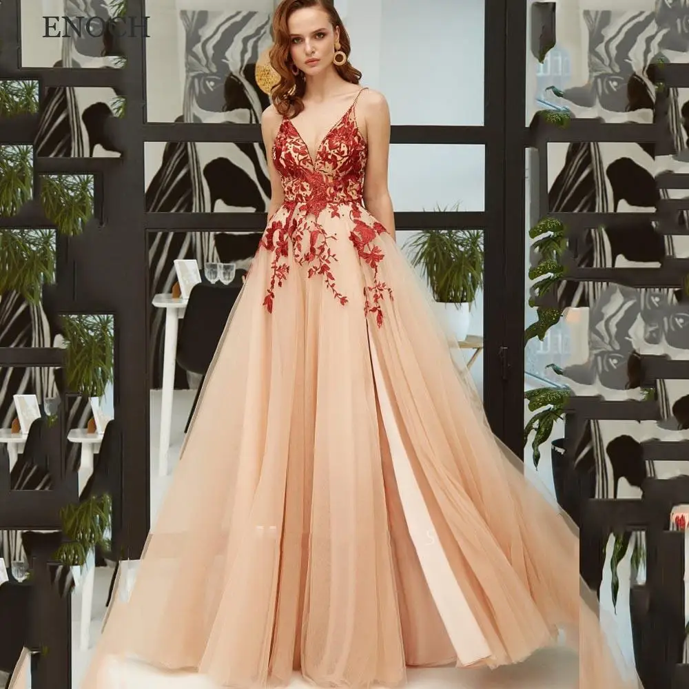 Купи ENOCH Stunning V-Neck A-Line Prom Dresses Sleeveless Lace Appliques Party Dresses Floor Length Robes De Soirée Open Back Tulle за 6,833 рублей в магазине AliExpress