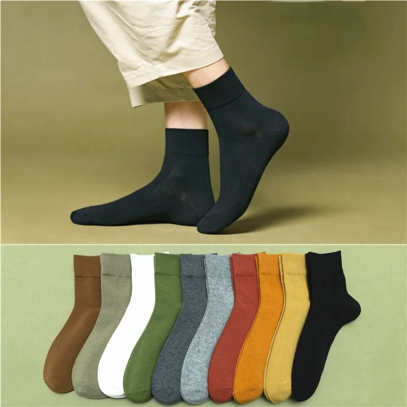 5 Pairs Solid Color Cotton Socks Men Business Casual Breathable Sprit Autumn Think  Warm SockMale Crew Thin Socks Funny Pop